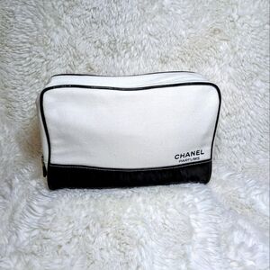 Vintage Chanel White Canvas with Black Vinyl Cosmetic Bag